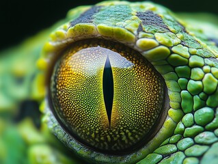 Fototapeta premium Colorful reptile eye, in bright colors in green theme, close up, macro shot.