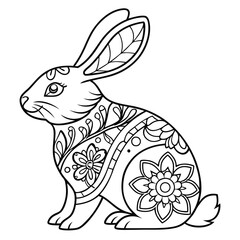 Detailed Rabbit Coloring Page: Intricate Floral Designs, Zentangle Style Bunny Illustration for Relaxation and Creative Fun