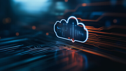 Cloud Data Visualization: A captivating digital rendering depicts a glowing cloud icon, embedded with data visualization, on a circuit board background.