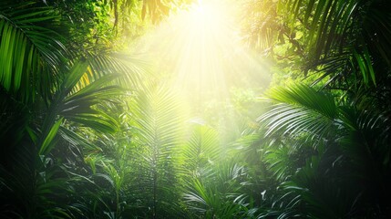 Obraz premium Dense tropical rainforest with lush greenery and exotic plants, creating a vibrant jungle landscape filled with rich biodiversity, misty atmosphere, and natural beauty.