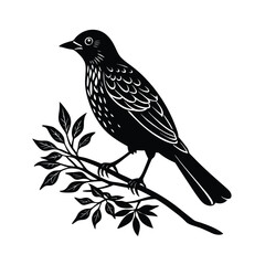 Black and White Bird Silhouette on Branch with Leaves