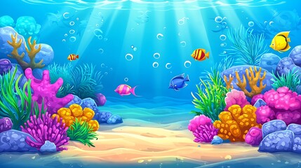 Fototapeta premium Underwater coral reef scene with colorful fish, ideal for children's book illustrations