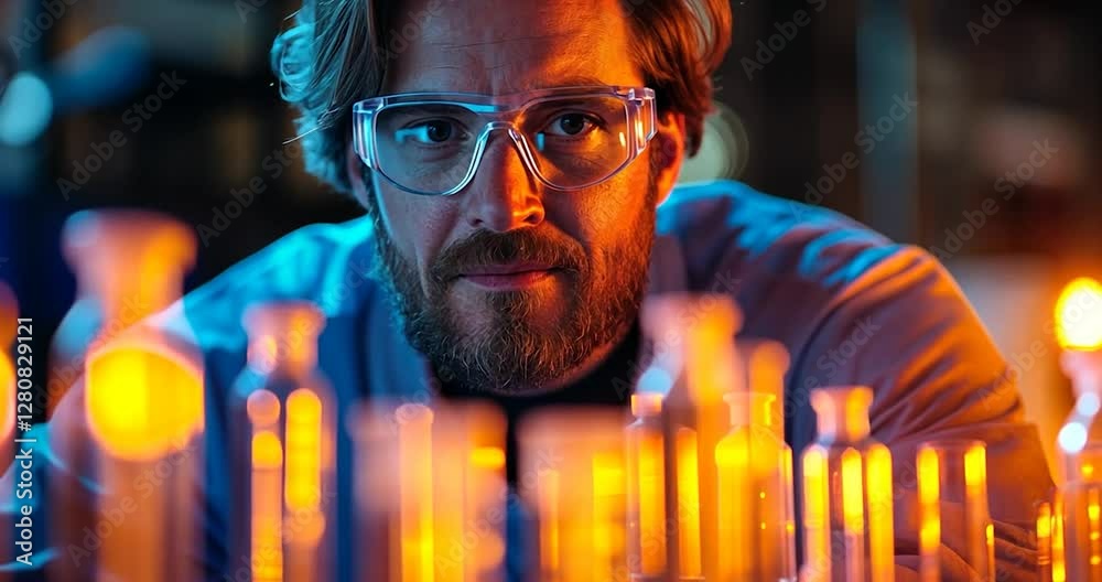 Poster scientist in white lab coat examining test tubes with yellow liquid in a laboratory under orange and