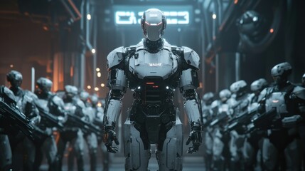 Futuristic robots standing in formation within a high-tech facility, showcasing advanced technology