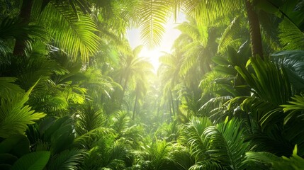 Dense tropical rainforest with lush greenery and exotic plants, creating a vibrant jungle landscape filled with rich biodiversity, misty atmosphere, and natural beauty.