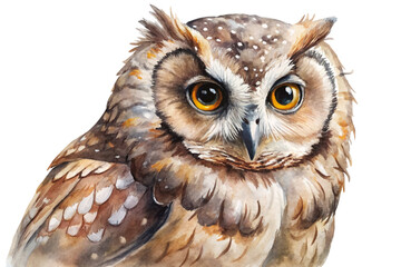 Watercolor owl illustration, detailed feathers, vibrant eyes, nature art, wildlife decor, animal portrait, artistic style.