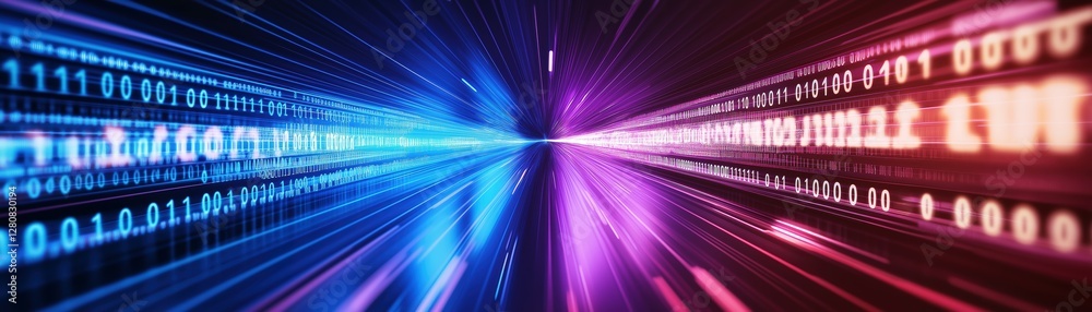 Poster a bright neon tunnel with fast-moving binary code streams