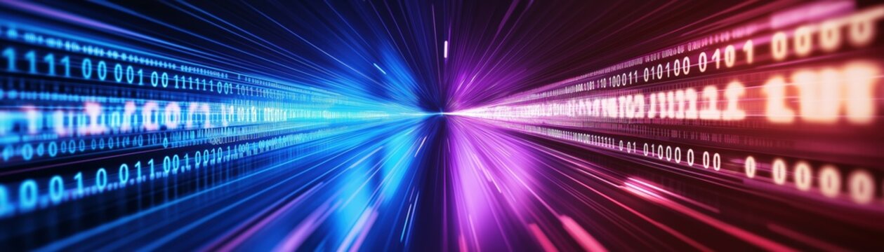 A bright neon tunnel with fast-moving binary code streams