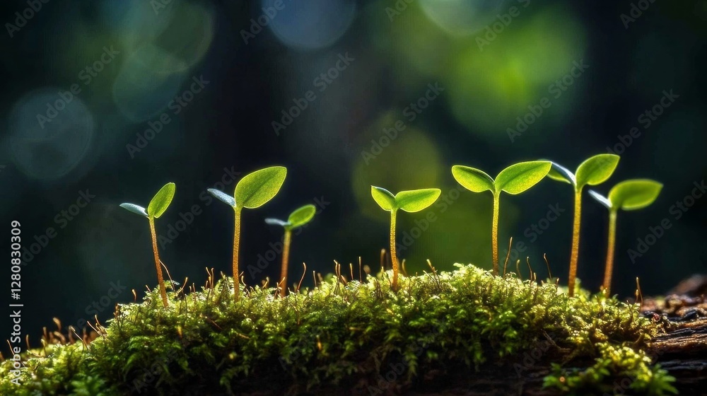 Poster tiny green shoots emerge from lush moss on a tree trunk, illuminated by soft, dappled sunlight filte