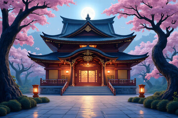 Fototapeta premium Japanese and Chinese temples with a garden gate in the morning, featuring traditional architecture and pagodas under the sky