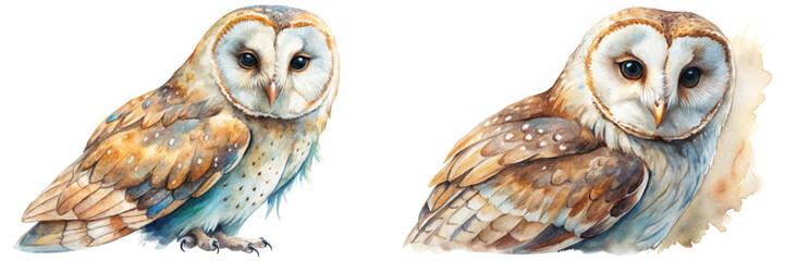 Realistic watercolor painting, detailed owl illustrations, soft color palette, nature art, wildlife decor.