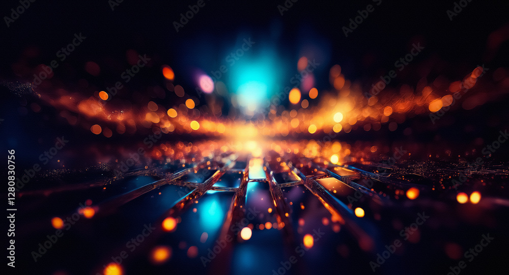 Poster Blurred abstract lights in orange and blue create a bokeh effect against a dark backdrop, resembling a vibrant cityscape at night.