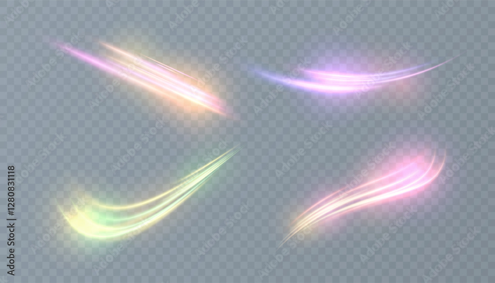 Poster Set of colorful shimmering comets. Magical light movement effect. Magical light effect for web design and fairytale decoration. Vector