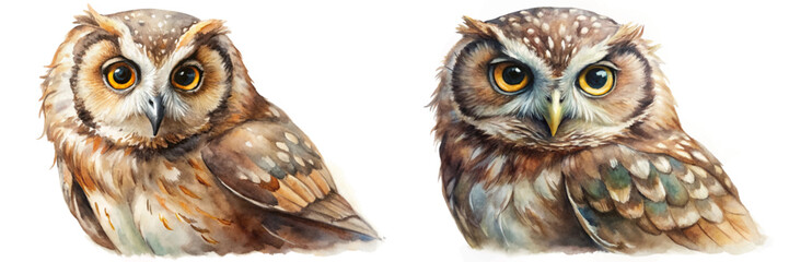 Realistic watercolor owls, detailed feathers, vibrant eyes, wildlife art, nature illustration, animal portrait.