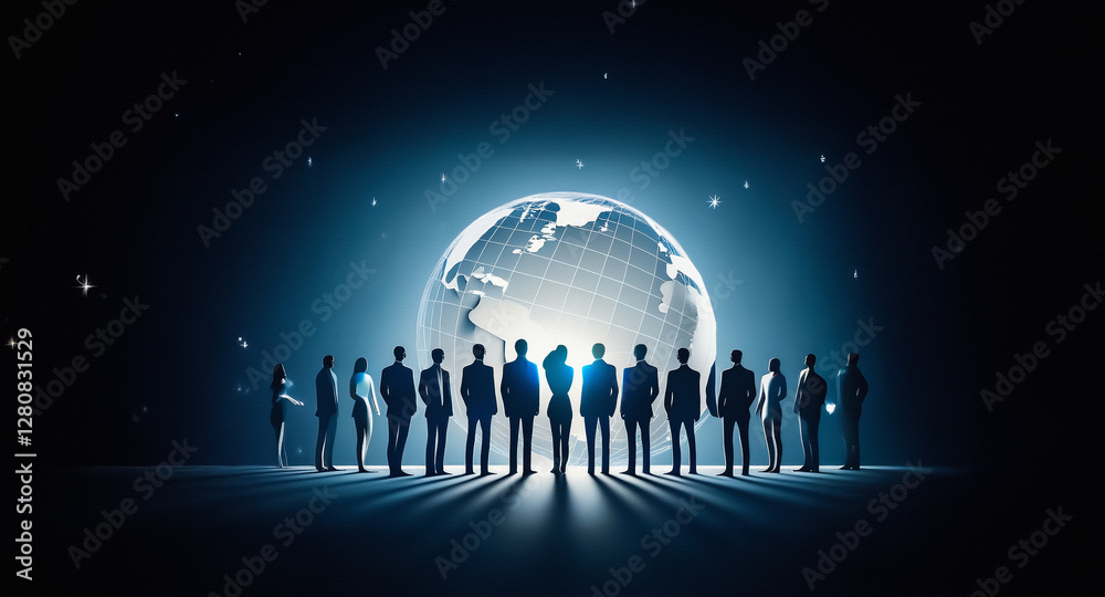 Poster Silhouetted group stands before a radiant globe, symbolizing global unity and connection.  Illuminated figures face a bright future of worldwide collaboration and shared vision.