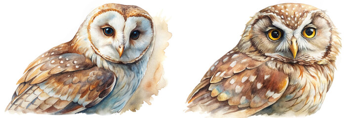 Watercolor owl illustration, detailed bird portraits, soft color palette, nature art, wildlife decor.