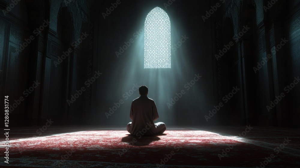 Poster a man kneels in deep prayer, facing a beautiful window where soft light pours in, casting a serene g