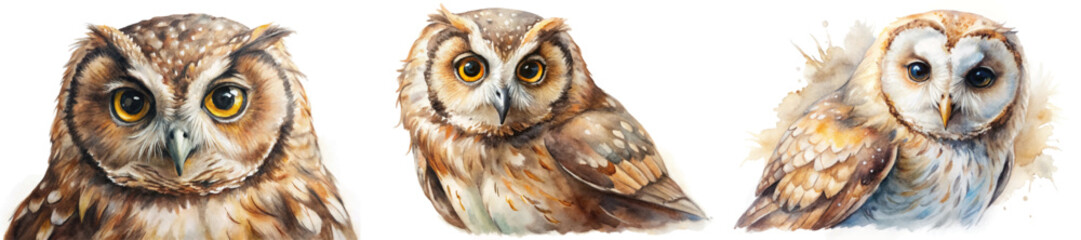 Realistic watercolor owls, detailed feathers, vibrant eyes, artistic style, nature illustration, wildlife art, educational purpose.