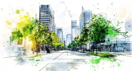 Naklejka premium The design concept of a modern sustainable city with green trees and buildings in the middle of the environment. Which increases people's interest in the environment and modern city building.