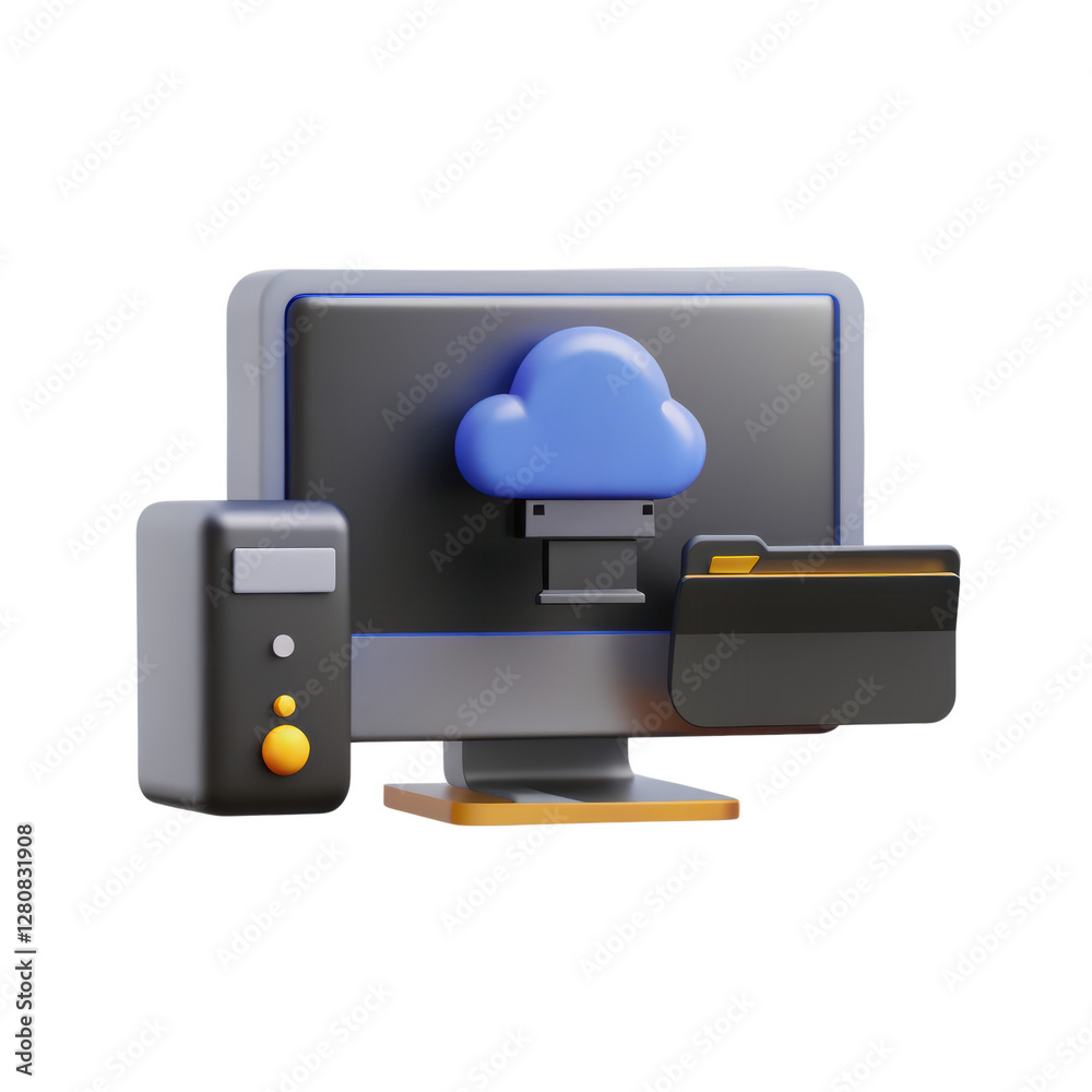 Poster modern computing setup with cloud storage and desktop components in 3d design