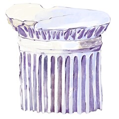 Decorative Element Of Antique Sculpture Column Ornament, Roman Architecture Pastel Tones, Light Purple, Beige, Blue, Graceful Shapes, Elegant Watercolor Illustration On White Background