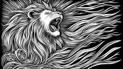 A majestic lion roaring illustrated in a vintage woodcut engraving style with fine black ink linework and high contrast shading  The powerful