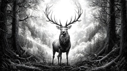 A majestic stag standing tall and proud in a dense moody forest its intricate antlers silhouetted against the misty atmospheric backdrop  The scene is rendered in a classic ink engraving style