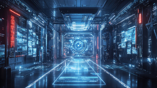 A cybernetic gateway with holographic symbols floating