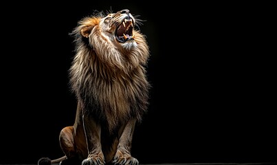 Fototapeta premium Majestic Lion Roaring with Funny Expression on Black Background, Animal Humor and Wildlife Photography