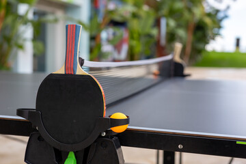 Ping pong table set up in a hotel garden in Turkiye on a sunny day