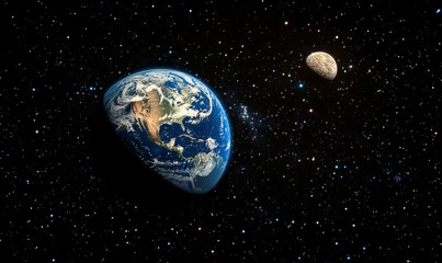 Naklejka premium Dramatic Space Scene with Glowing Planet and Distant Moon Amidst Colorful Nebula, Nighttime Earth Captured from Space