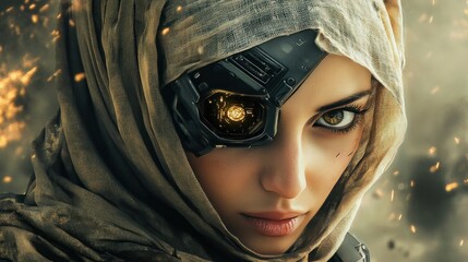 Futuristic woman with cybernetic eye in a war-torn landscape, sparks flying in background