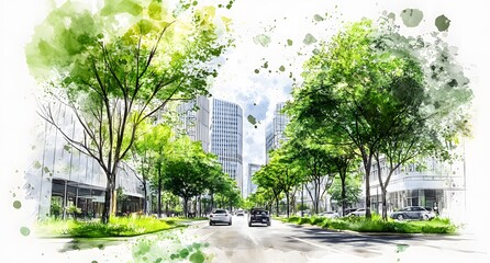 The design concept of a modern sustainable city with green trees and buildings in the middle of the environment. Which increases people's interest in the environment and modern city building.