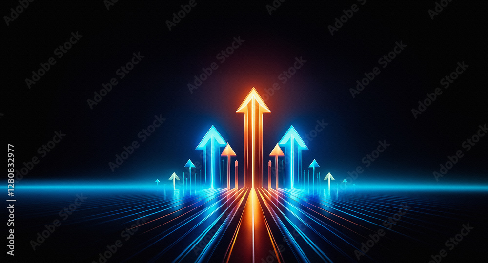 Leinwandbilder Glowing arrows ascend against a dark backdrop, symbolizing progress and forward direction.  Illuminated paths converge towards a bright future, suggesting growth.
