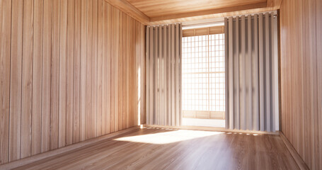 Empty scene Tiles wooden wall design on mini bathroom. 3D illustration rendering