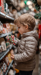 Fototapeta premium Curious child exploring holiday candy aisle in cozy winter jacket