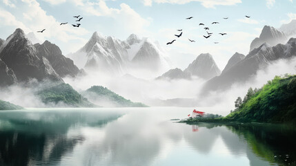 Naklejka premium Chinese style landscape paintings featuring red leaves and high mountains