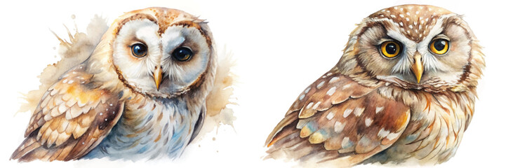 Watercolor owl illustrations, detailed bird portraits, artistic animal art, nature-inspired decor, wildlife paintings.