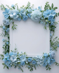 Fototapeta premium Fresh baby blue flowers delicately framing a white tray for a peaceful centerpiece that adds beauty and tranquility to your decor for Copyspace and Text Background