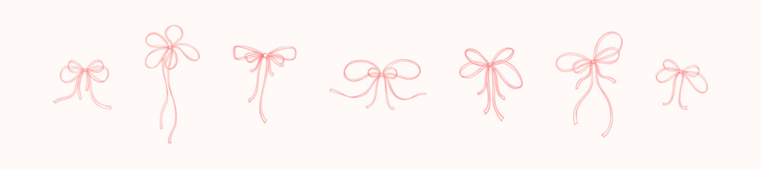 Whimsical tiny cute line doodle ribbon bow set. Pink pastel coquette design elements. Aesthetic decoration for wedding, birthday, Christmas and New Year party invitations and greeting cards