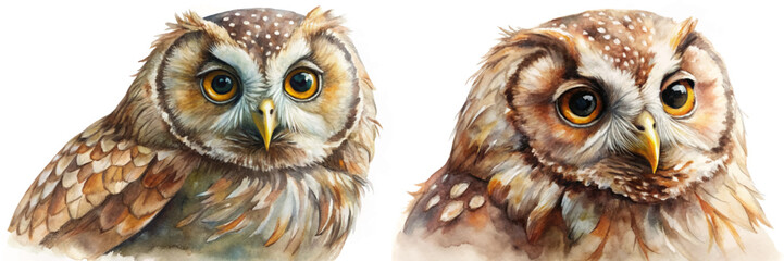 Watercolor owl painting, detailed animal portrait, realistic style, vibrant colors, artistic representation, nature illustration.