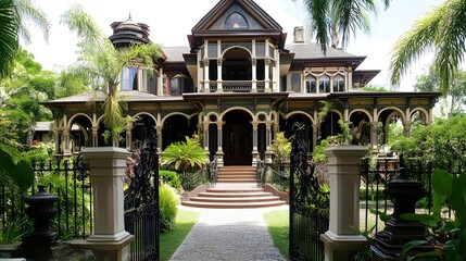 Fototapeta premium Elaborate Victorian Mansion Exterior with Garden, Gated Entrance, and Ornate Architectural Detail