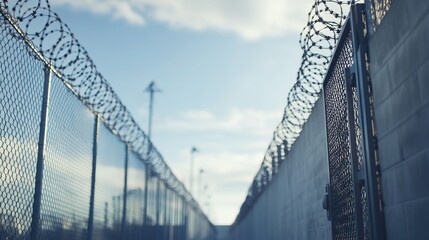 Obraz premium Prison gate opening with barbed wire fences, symbolizing freedom, new beginnings, and second chances. Concept of release, hope, and fresh start in life.