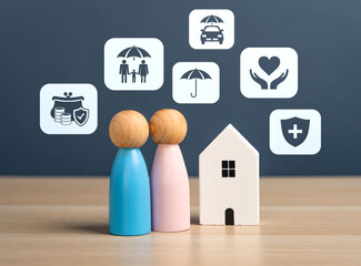 Insurance services and figures of a married couple with a house. Family protection, home insurance,...
