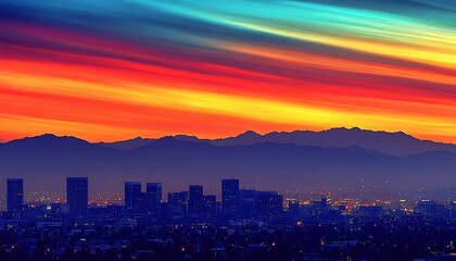 City skyline at vibrant sunset over mountains. Possible use Stock photo for nature, travel, cityscape, or background