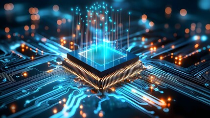 Detailed depiction of a microchip at the center with intricate circuits extending outward surrounded by vibrant glowing data streams symbolizing the future of computing and innovation