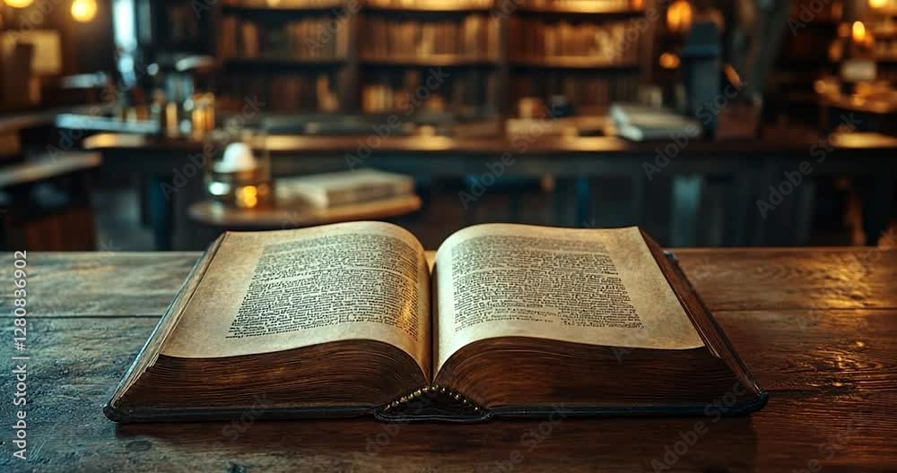 Poster open book on wooden table in library with soft lighting and blurred bookshelves