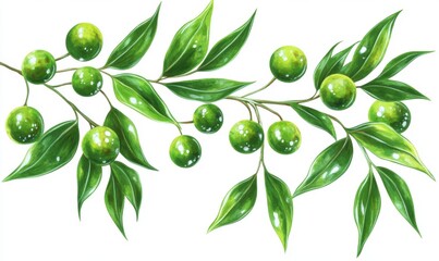Lush green olive branch with vibrant leaves and fruit, set against a clean white background