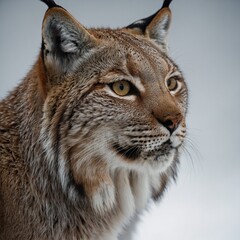 A lynx standing still, its fur glowing under soft lighting, with a white background.