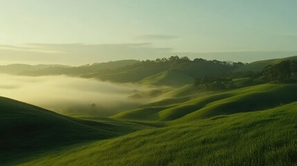 Obraz premium Serene morning landscape with rolling green hills and misty valleys under soft sunlight